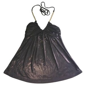 EXPRESS Shiny Black Gold Chain Ruched Fitted Halter Tank Top Jrs Sz XS NWOT